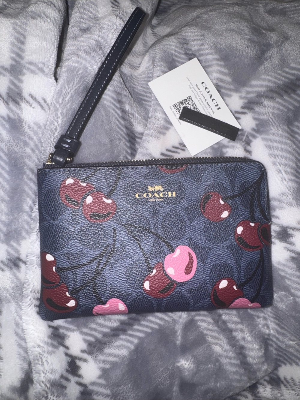 Coach Navy Cherry Print Wristlet with Pink & Red Accents